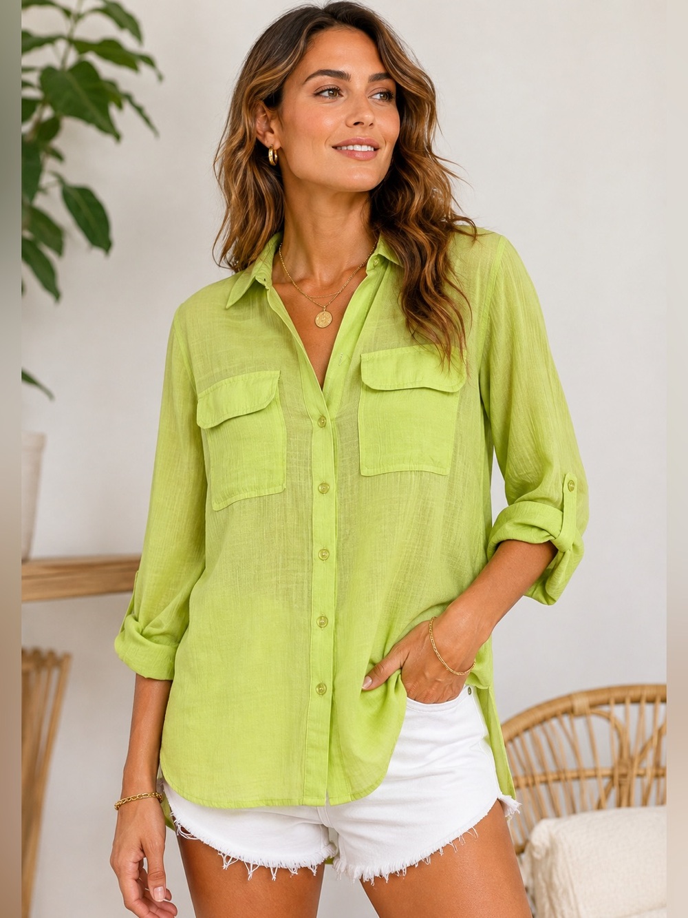 Sunburst Kiss Lime Green Button Up Roll Tab Utility Blouse Gauze Shirt Small